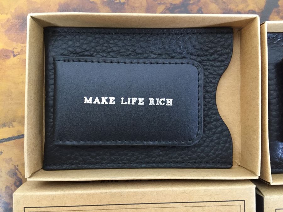 JUST ADDED - Set Of (4) New Leather Money Clip Wallets And (3) New Themed Brass Shot Glasses In Wooden Inlay Boxes [Photo 10]