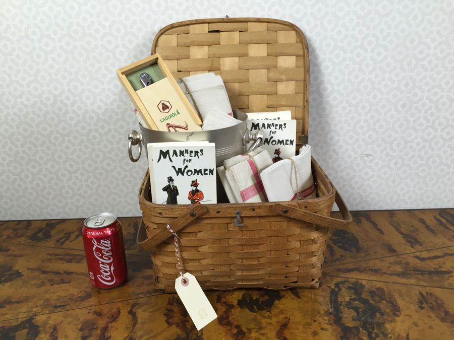 Picnic Basket Filled With New Products Including Laguiole Pocket Knife Bar Tool (Retails $65), (5) Manners For Women Books, Metal Ice Bucket And Various Linens