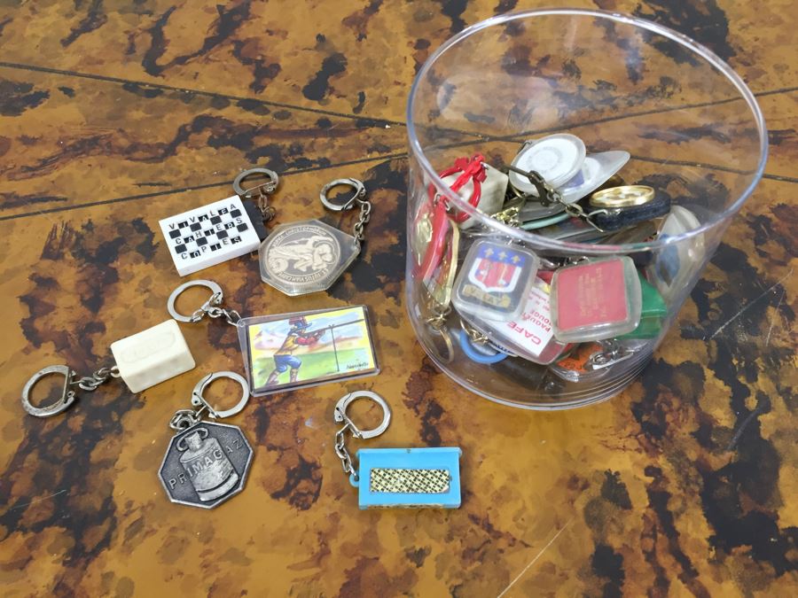 JUST ADDED - (2) Glass Bowls Filled With New Brass Keychains And Vintage Keychains [Photo 3]