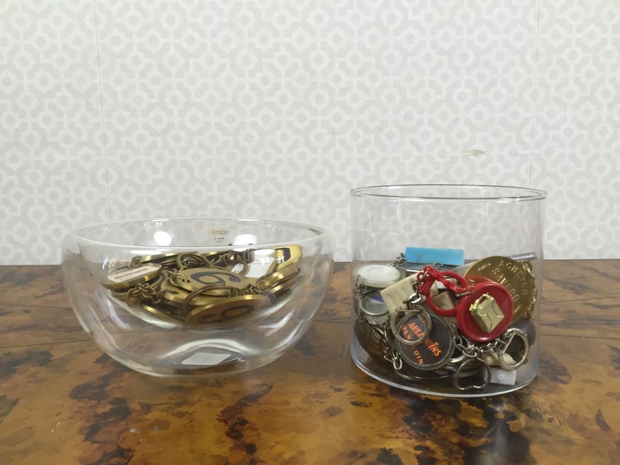 JUST ADDED - (2) Glass Bowls Filled With New Brass Keychains And Vintage Keychains [Photo 1]
