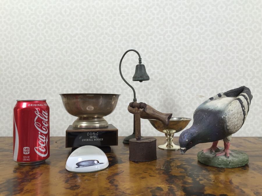 JUST ADDED - Home Decor Lot With Pigeon Figurine, Trophies, Paperweight, El Camino Real Bell, Wooden Bird Figurine [Photo 1]