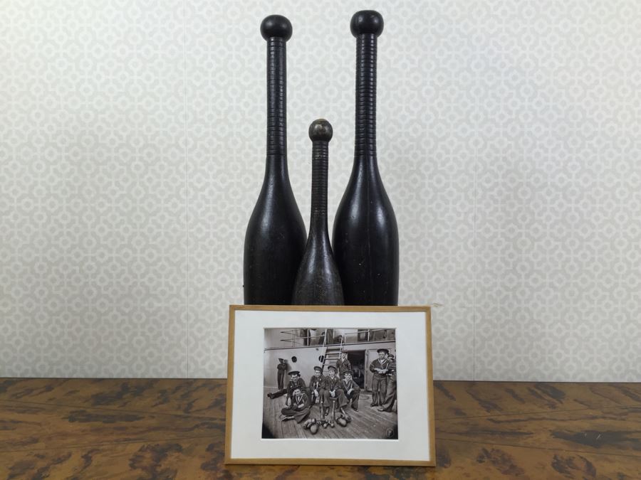 Vintage French Photograph And Set Of (3) Wooden Exercise Pins Indian Clubs 