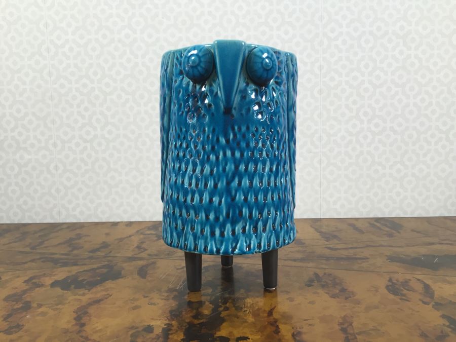 JUST ADDED - 10' Blue Glaze Ceramic Owl Vase Mid-Century Style [Photo 1]