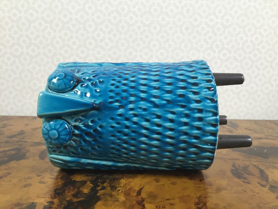 JUST ADDED - 10' Blue Glaze Ceramic Owl Vase Mid-Century Style [Photo 5]