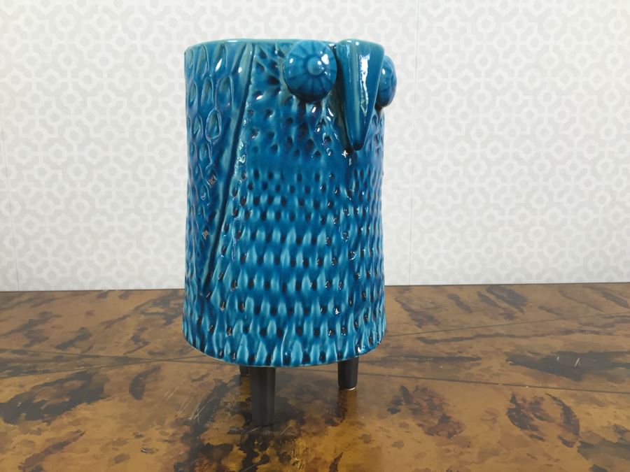 JUST ADDED - 10' Blue Glaze Ceramic Owl Vase Mid-Century Style [Photo 2]