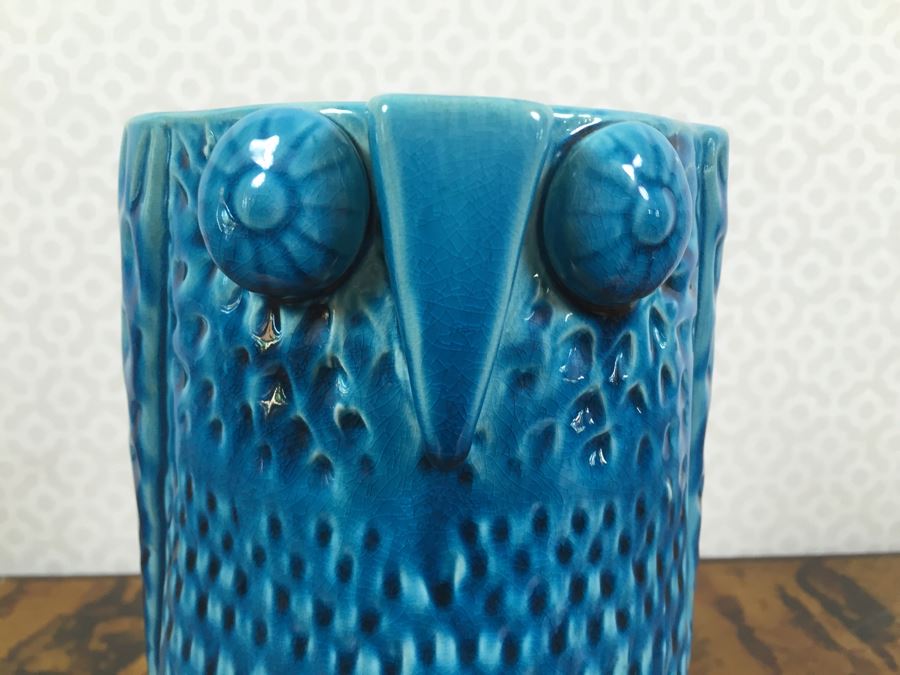 JUST ADDED - 10' Blue Glaze Ceramic Owl Vase Mid-Century Style [Photo 6]
