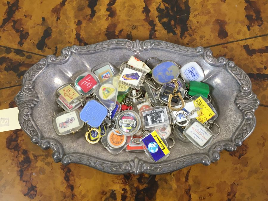JUST ADDED - Silverplate Sailing Trophy Tray Loaded With Vintage Keychains [Photo 1]