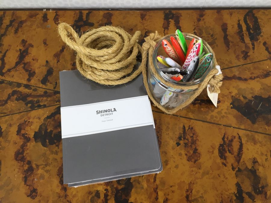 JUST ADDED - (15) NEW Fishing Lure Pens, Jar With Rope Handle, Rope And Pair Of NEW Shinola Detroit Large Notebooks [Photo 2]