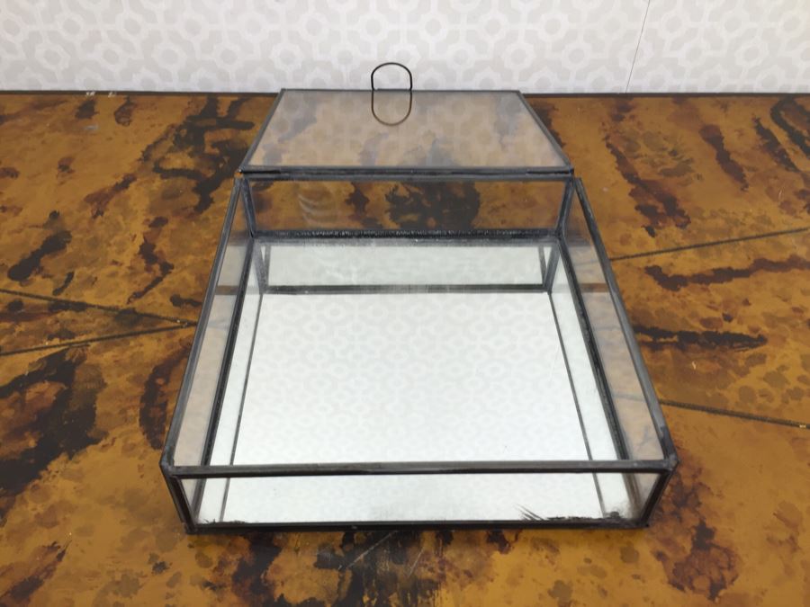 JUST ADDED - Brass Swivel Table Vanity Mirror With (2) NEW Glass Sided Boxes, (5) Rings And Earrings [Photo 3]
