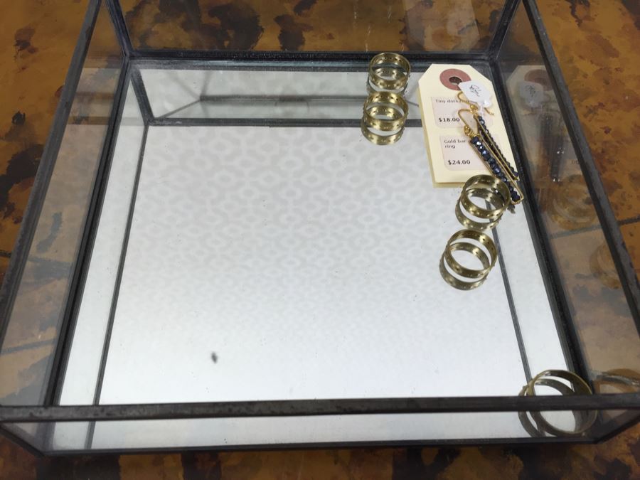 JUST ADDED - Brass Swivel Table Vanity Mirror With (2) NEW Glass Sided Boxes, (5) Rings And Earrings [Photo 9]