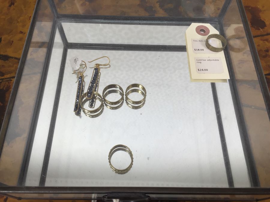 JUST ADDED - Brass Swivel Table Vanity Mirror With (2) NEW Glass Sided Boxes, (5) Rings And Earrings [Photo 13]