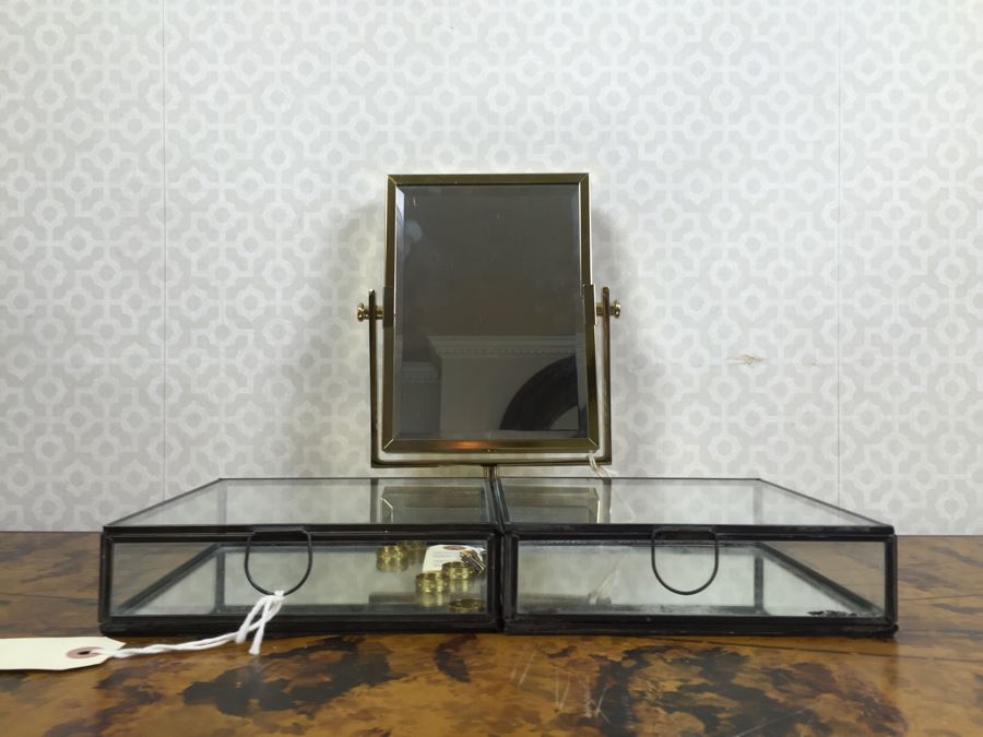 JUST ADDED - Brass Swivel Table Vanity Mirror With (2) NEW Glass Sided Boxes, (5) Rings And Earrings [Photo 1]