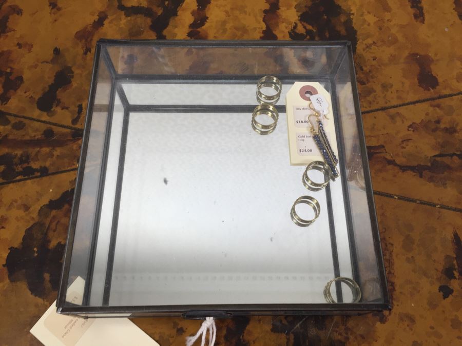 JUST ADDED - Brass Swivel Table Vanity Mirror With (2) NEW Glass Sided Boxes, (5) Rings And Earrings [Photo 8]