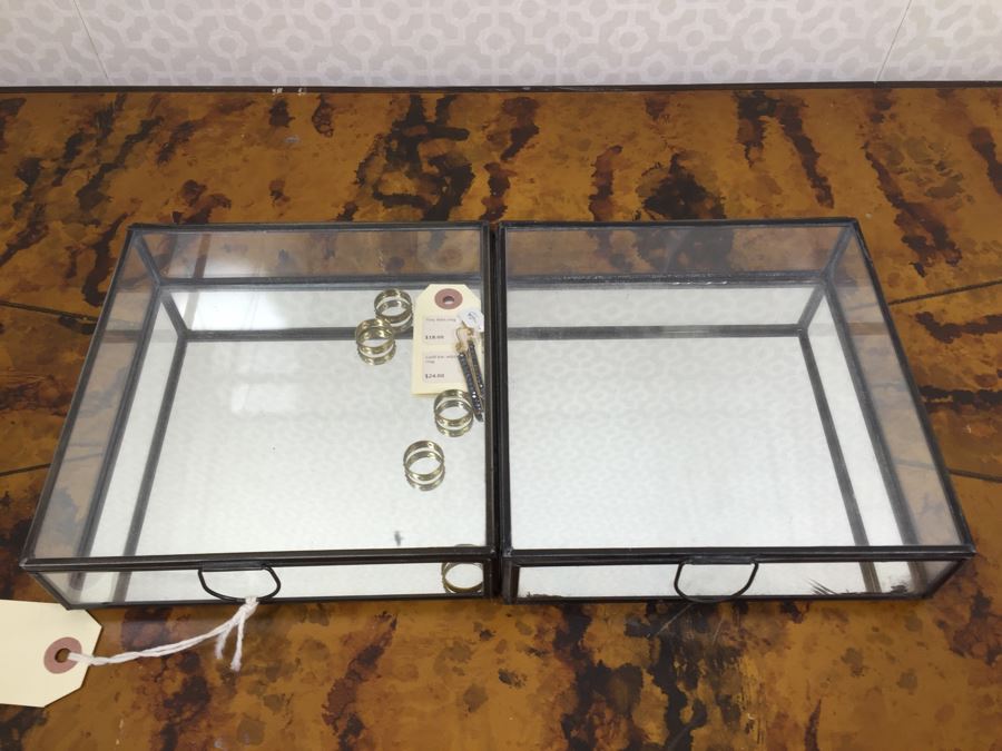 JUST ADDED - Brass Swivel Table Vanity Mirror With (2) NEW Glass Sided Boxes, (5) Rings And Earrings [Photo 2]