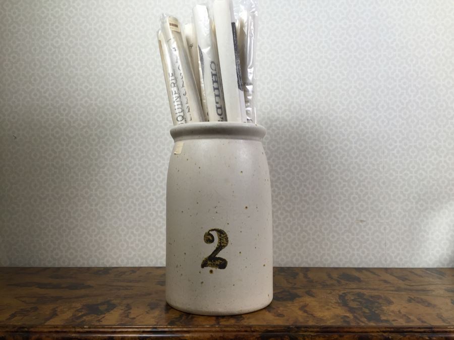 JUST ADDED - NEW Stoneware Crock Style Pot Filled With Vintage Style Hand Dyed Artists' Paper Documents Monahan Papers - See Photos [Photo 1]