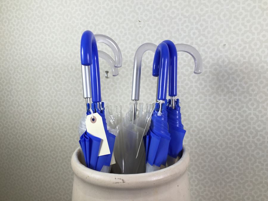 JUST ADDED - NEW Stoneware Crock Style Umbrella Stand Filled With (7) New Umbrellas [Photo 2]