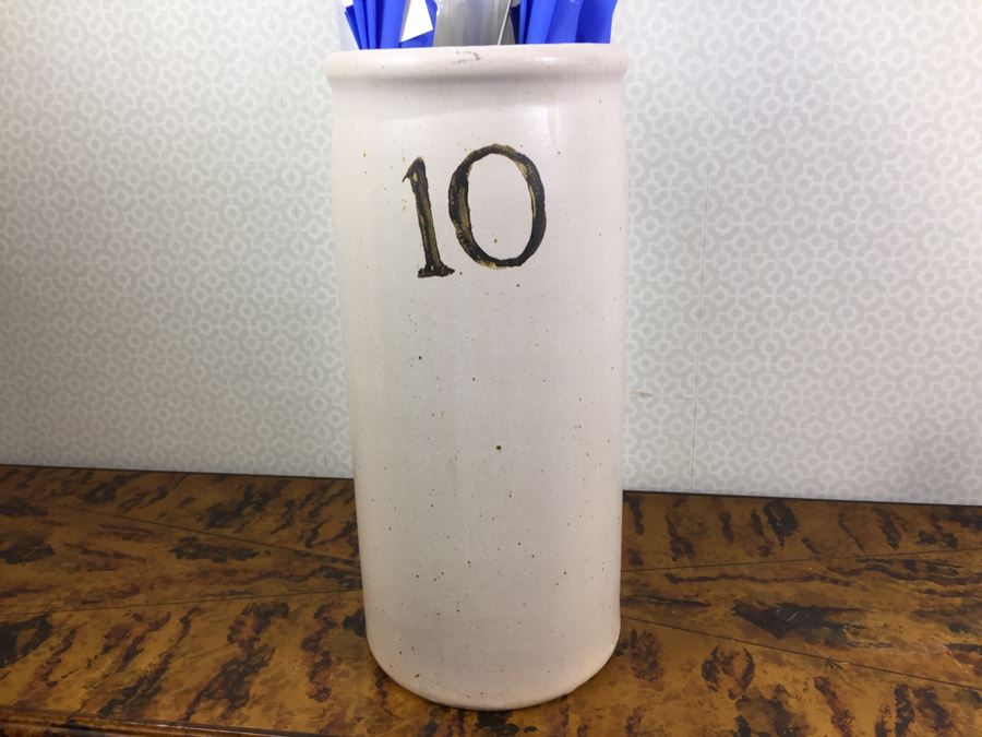 JUST ADDED - NEW Stoneware Crock Style Umbrella Stand Filled With (7) New Umbrellas [Photo 3]