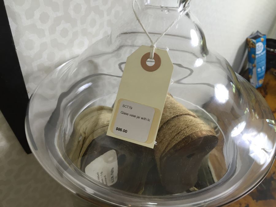 JUST ADDED - Decorative Faux Wooden Scissors, Tall Footed Glass Jar With Lid Filled With Fabric Wound Around Wooden Spools And Rope (Retails Over $400) [Photo 2]