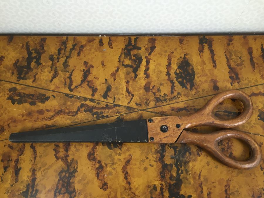 JUST ADDED - Decorative Faux Wooden Scissors, Tall Footed Glass Jar With Lid Filled With Fabric Wound Around Wooden Spools And Rope (Retails Over $400) [Photo 13]