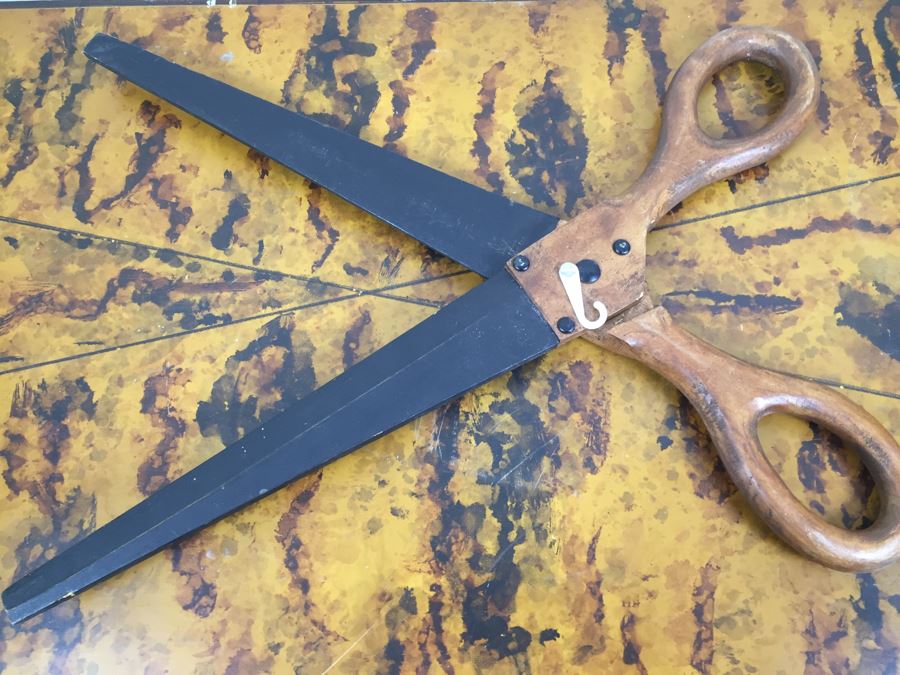 JUST ADDED - Decorative Faux Wooden Scissors, Tall Footed Glass Jar With Lid Filled With Fabric Wound Around Wooden Spools And Rope (Retails Over $400) [Photo 15]