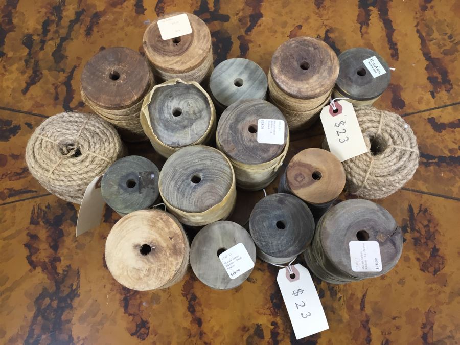 JUST ADDED - Decorative Faux Wooden Scissors, Tall Footed Glass Jar With Lid Filled With Fabric Wound Around Wooden Spools And Rope (Retails Over $400) [Photo 10]