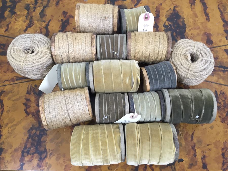 JUST ADDED - Decorative Faux Wooden Scissors, Tall Footed Glass Jar With Lid Filled With Fabric Wound Around Wooden Spools And Rope (Retails Over $400) [Photo 12]