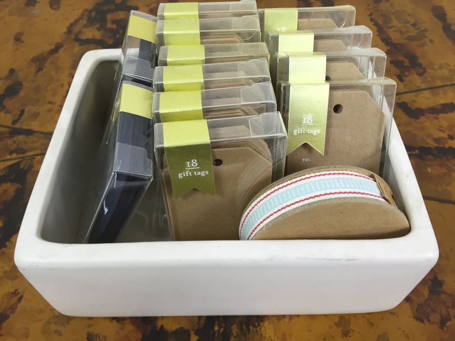 JUST ADDED - Vintage Record Keeping Book, (12) NEW Gift Tag Sets And Ribbon And White Ceramic Container [Photo 8]