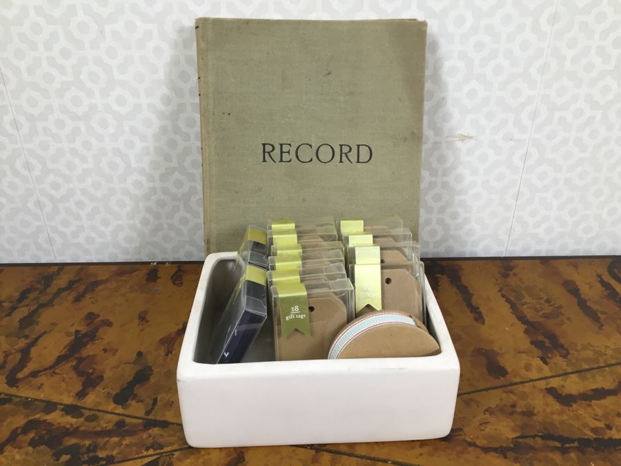 JUST ADDED - Vintage Record Keeping Book, (12) NEW Gift Tag Sets And Ribbon And White Ceramic Container [Photo 1]