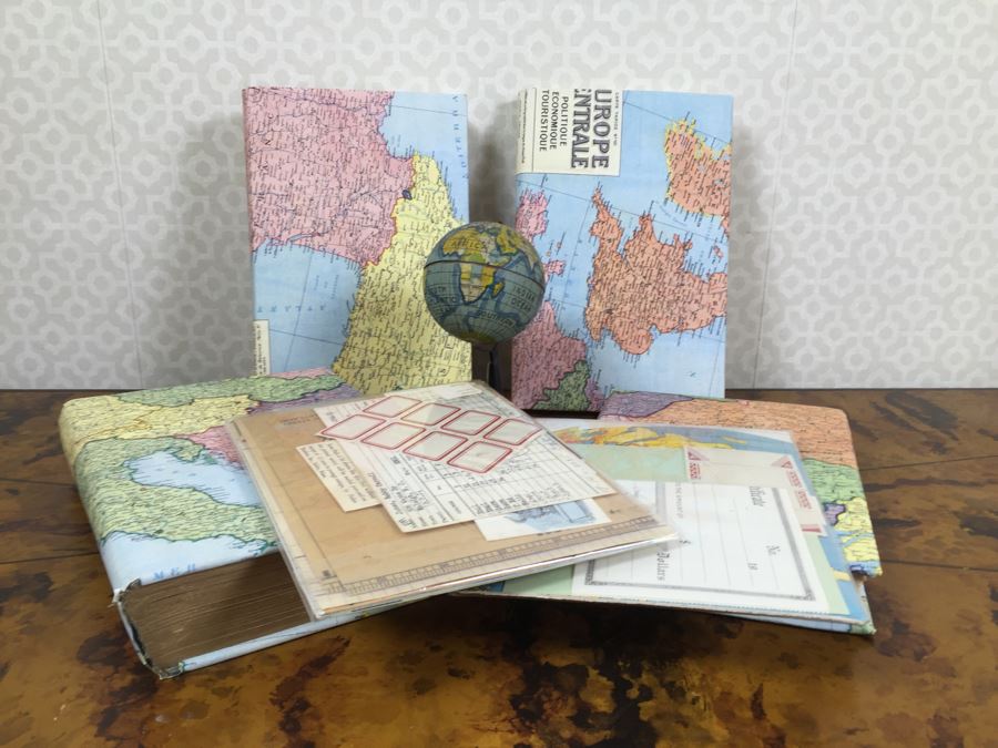 JUST ADDED - Vintage Mini World Globe, (4) Vintage Books With Map Bookcovers And Set Of (2) New Paper Packs [Photo 1]