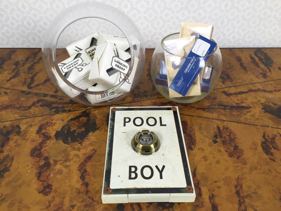 JUST ADDED - (3) New Sideshow Press Safety Matches, (2) New Bird Print Matches, (5) New Oatmeal Soap Bars, (2) Glass Bowls And Pool Boy Doorbell [Photo 1]