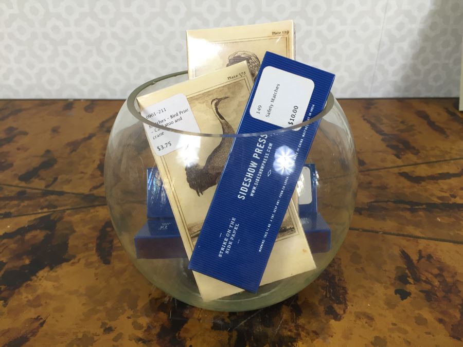 JUST ADDED - (3) New Sideshow Press Safety Matches, (2) New Bird Print Matches, (5) New Oatmeal Soap Bars, (2) Glass Bowls And Pool Boy Doorbell [Photo 7]