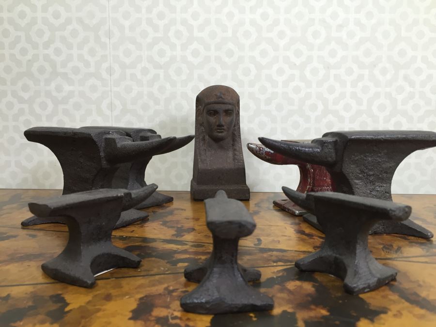 Collection Of (7) Small Metal Anvils And Metal Statue Figurine