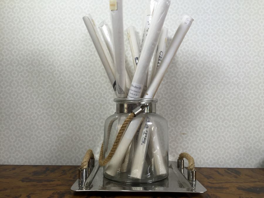 Polished Metal Tray With Rope Handles, Large Jar With Rope Handle And Lot Of (9) New Vintage Style B&W Posters [Photo 1]