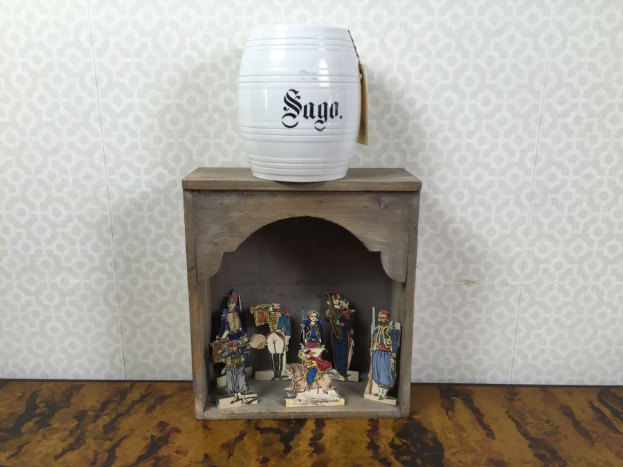 Wooden Display Box With Figures 10'W X 11'H X 4'D And Ceramic Jar Sago 6'H [Photo 1]