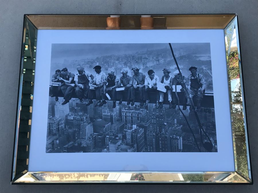 Vintage Photographic Print Of New York City Steelworkers Sitting On Steel Beam In Mirrored Frame - Note Frame Has Damage In Corners See Photos 34.5' X 27'
