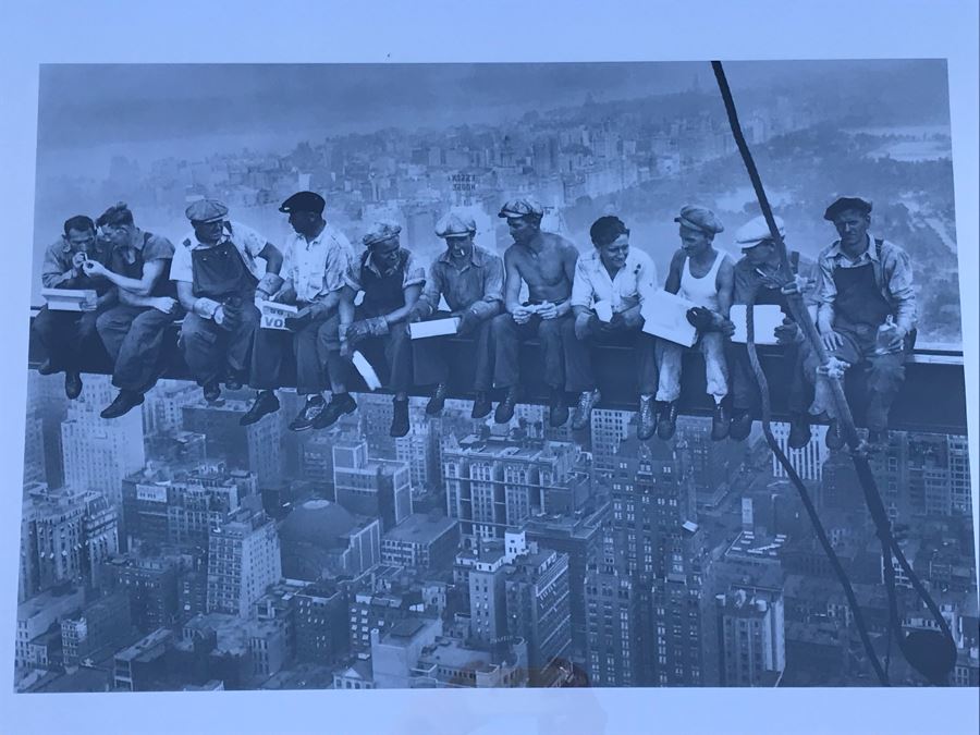 Vintage Photographic Print Of New York City Steelworkers Sitting On Steel Beam In Mirrored Frame - Note Frame Has Damage In Corners See Photos 34.5' X 27' [Photo 2]