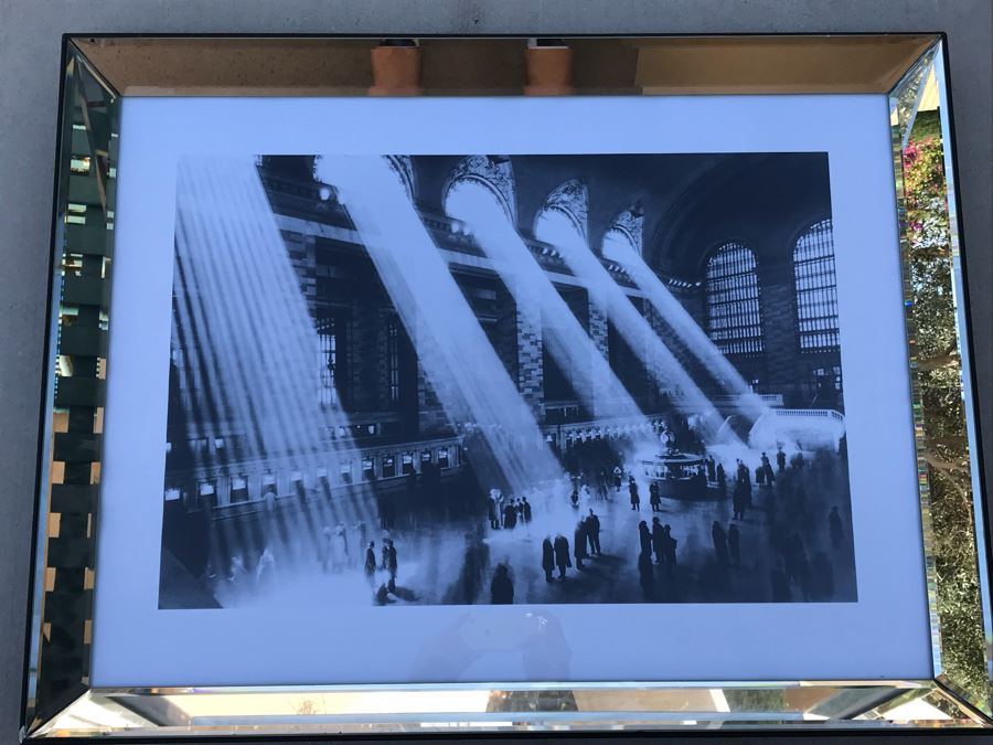 Vintage Photographic Print Of Lights Coming Into Train Station In Mirrored Frame - Note Frame Has Damage In Corners See Photos