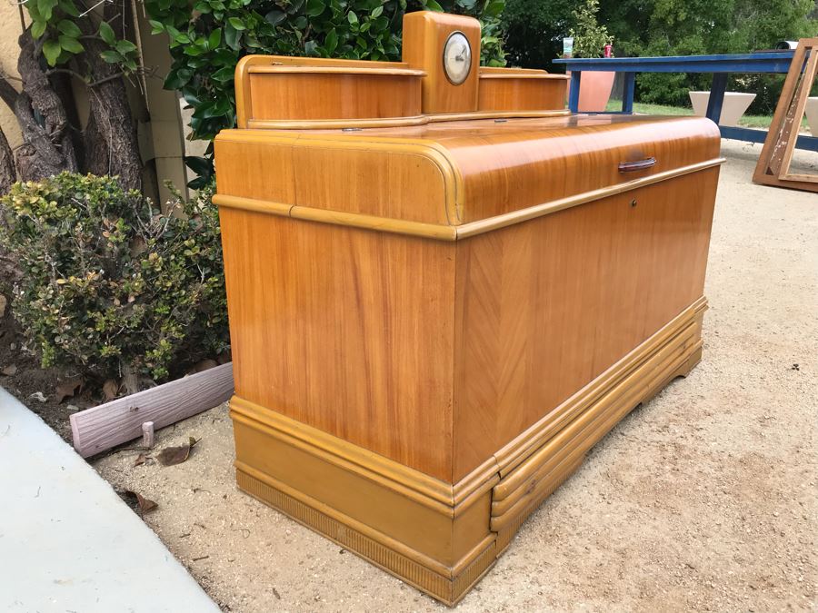JUST ADDED - Fabulous Art Deco ROOS Chests Cedar Hope Chest With Rare Top Mounted Compartments With Clock (Clock Needs Rewiring) 43'W X 17'D X 32'H [Photo 19]