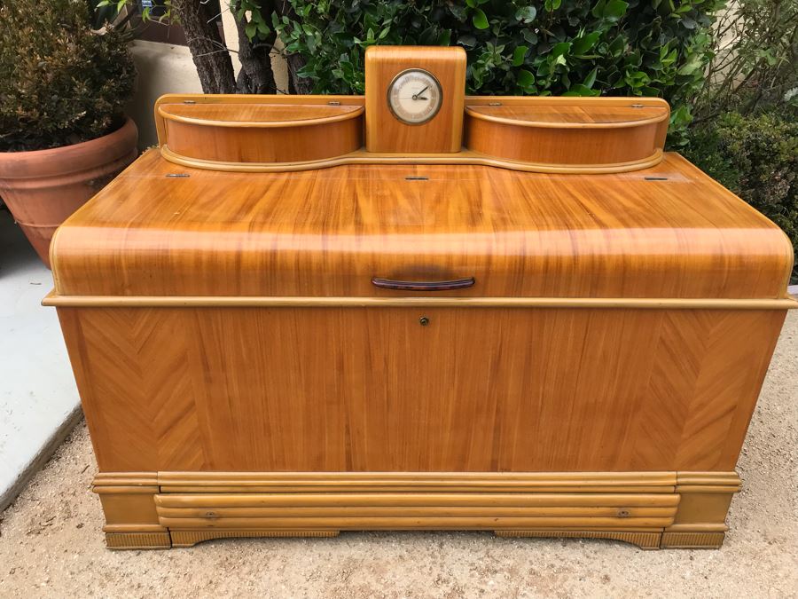 JUST ADDED - Fabulous Art Deco ROOS Chests Cedar Hope Chest With Rare Top Mounted Compartments With Clock (Clock Needs Rewiring) 43'W X 17'D X 32'H [Photo 1]