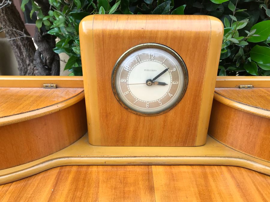 JUST ADDED - Fabulous Art Deco ROOS Chests Cedar Hope Chest With Rare Top Mounted Compartments With Clock (Clock Needs Rewiring) 43'W X 17'D X 32'H [Photo 6]