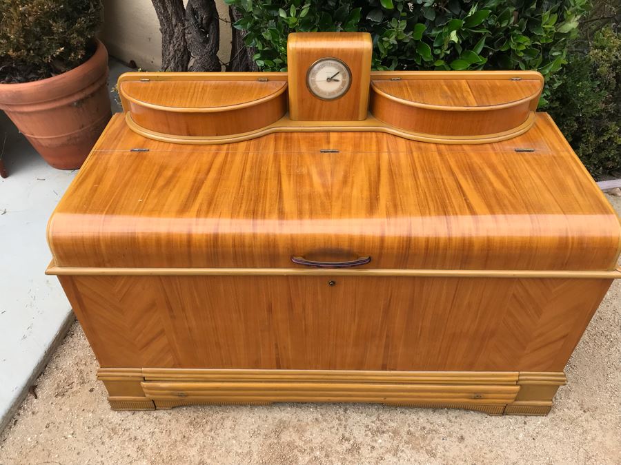 JUST ADDED - Fabulous Art Deco ROOS Chests Cedar Hope Chest With Rare Top Mounted Compartments With Clock (Clock Needs Rewiring) 43'W X 17'D X 32'H [Photo 4]