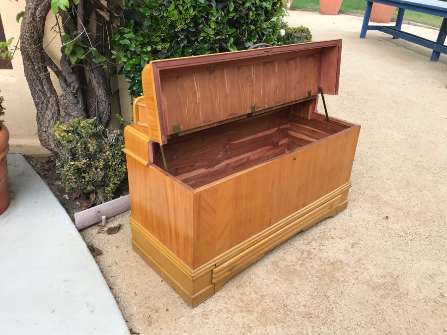 JUST ADDED - Fabulous Art Deco ROOS Chests Cedar Hope Chest With Rare Top Mounted Compartments With Clock (Clock Needs Rewiring) 43'W X 17'D X 32'H [Photo 17]