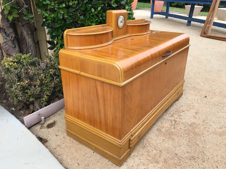 JUST ADDED - Fabulous Art Deco ROOS Chests Cedar Hope Chest With Rare Top Mounted Compartments With Clock (Clock Needs Rewiring) 43'W X 17'D X 32'H [Photo 18]