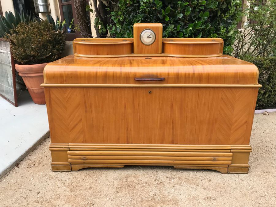 JUST ADDED - Fabulous Art Deco ROOS Chests Cedar Hope Chest With Rare Top Mounted Compartments With Clock (Clock Needs Rewiring) 43'W X 17'D X 32'H [Photo 3]