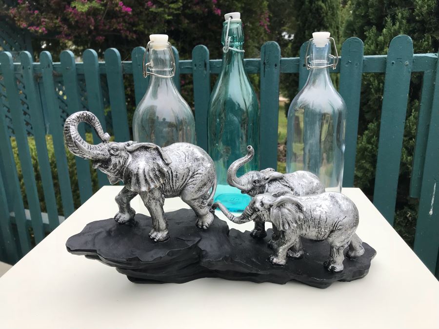 JUST ADDED - Resin Elephant With Cubs Sculpture And (3) Glass Bottles [Photo 2]