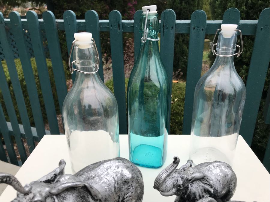 JUST ADDED - Resin Elephant With Cubs Sculpture And (3) Glass Bottles [Photo 6]