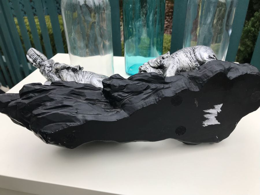 JUST ADDED - Resin Elephant With Cubs Sculpture And (3) Glass Bottles [Photo 7]