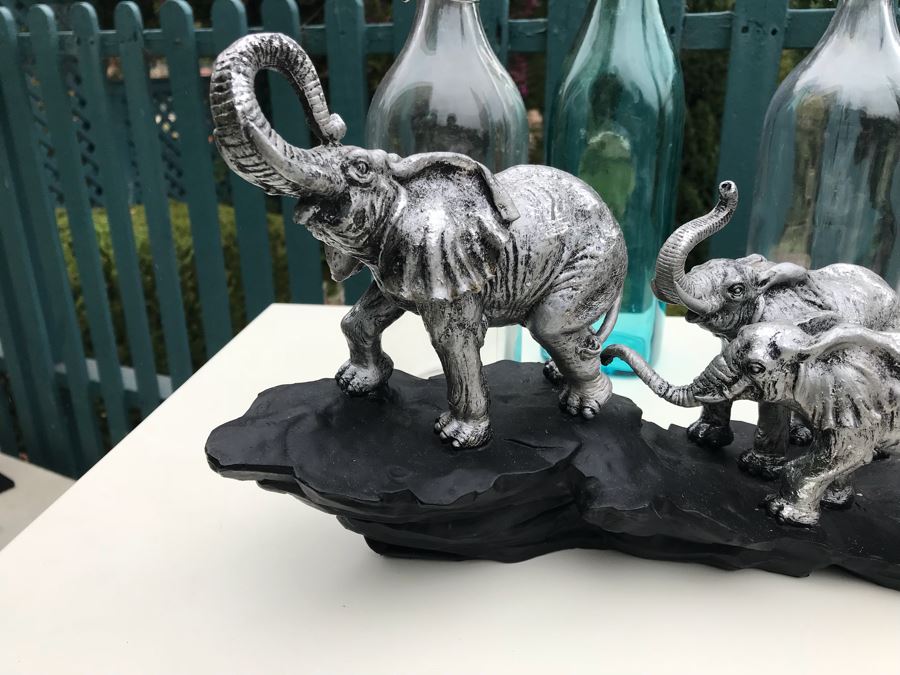 JUST ADDED - Resin Elephant With Cubs Sculpture And (3) Glass Bottles [Photo 3]