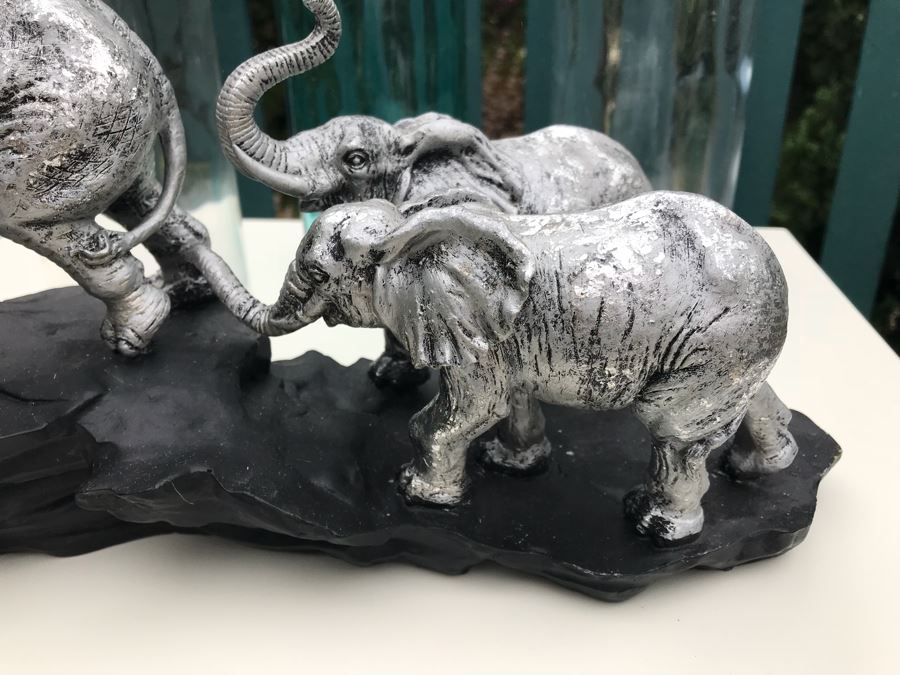 JUST ADDED - Resin Elephant With Cubs Sculpture And (3) Glass Bottles [Photo 4]
