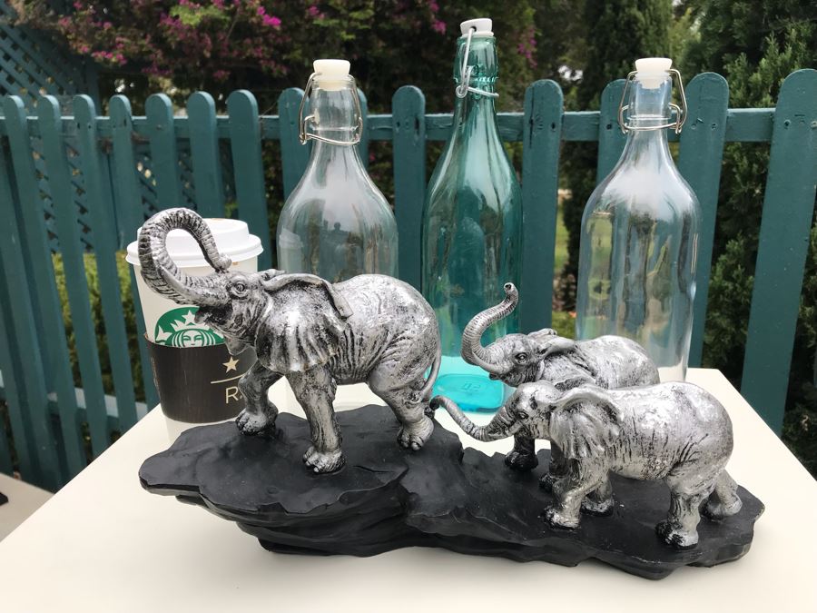JUST ADDED - Resin Elephant With Cubs Sculpture And (3) Glass Bottles